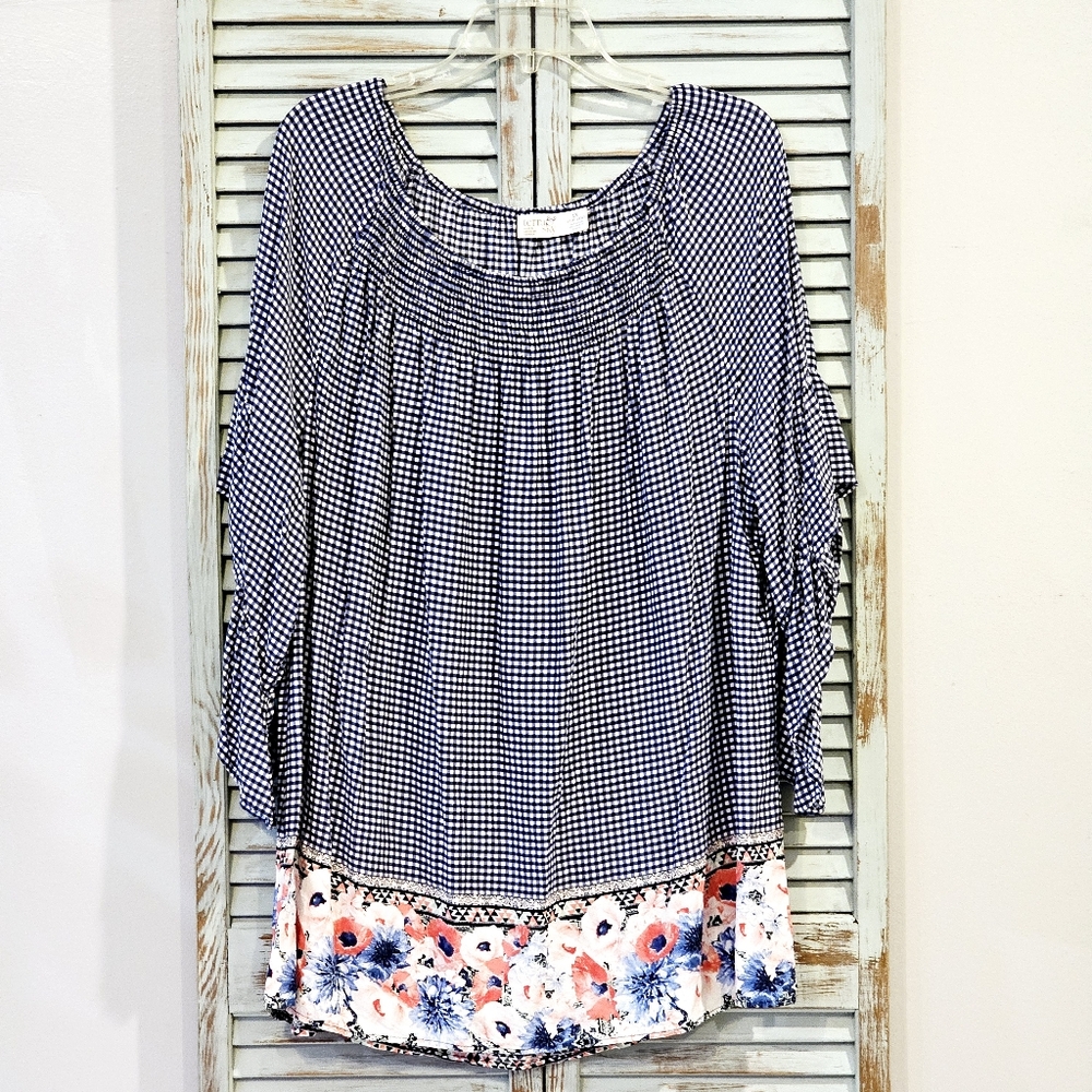 TERRA & SKY GINGHAM FLORAL AZTEC TUNIC Size 1X Blue Ruffle Bell Sleeve Flowy Top